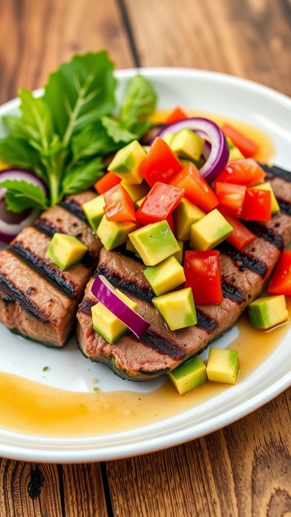 Grilled Ahi tuna steaks topped with avocado salsa on a rustic table.